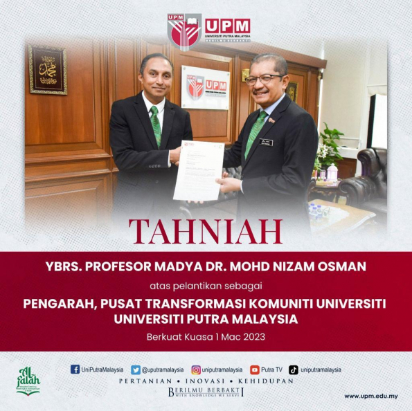 Tahniah atas pelantikan sebagai Pengarah Pusat Transformasi Universiti.