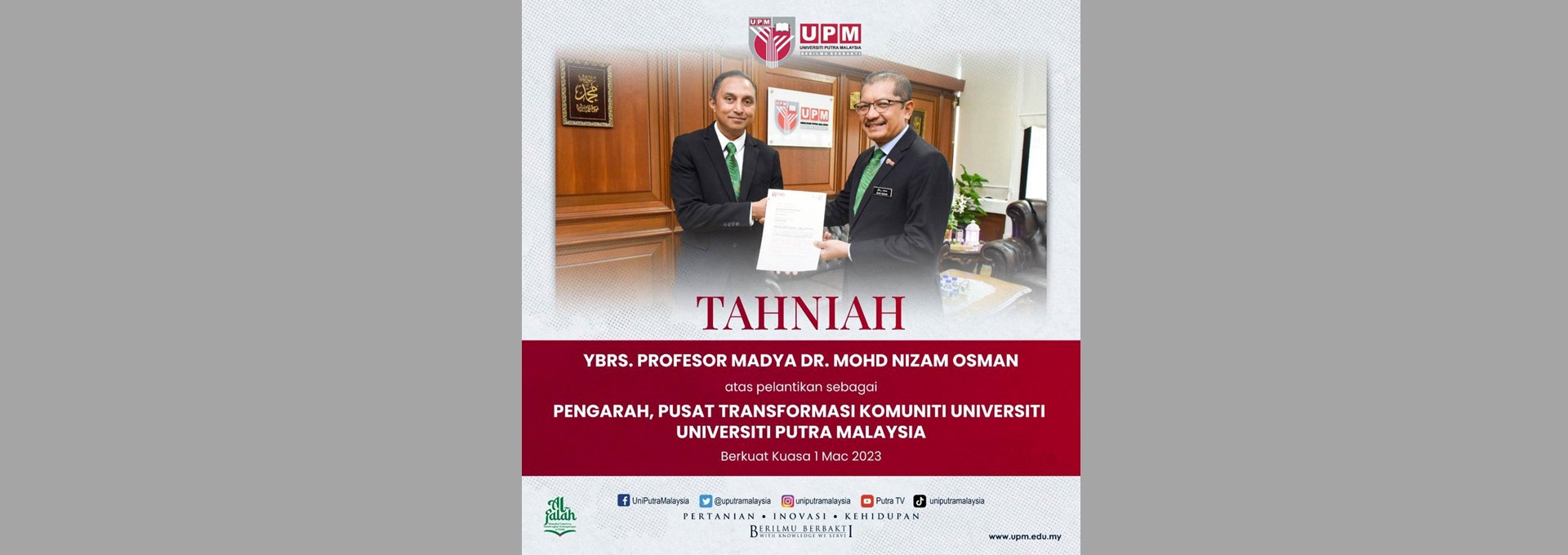 Tahniah Prof. Madya Dr. Mohd Nizam Osman atas pelantikan sebagai Pengarah Pusat Transformasi Universiti.